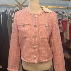 English Factory Pink Textured Blazer with Rhinestone Buttons